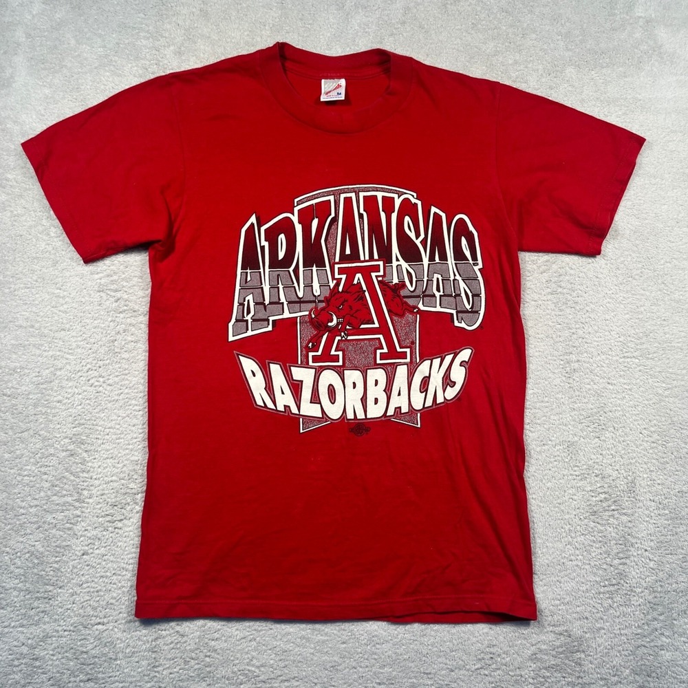 Vintage 90s Jerzees T Shirt Mens M Red Arkansas Razorbacks Graphic Made in USA